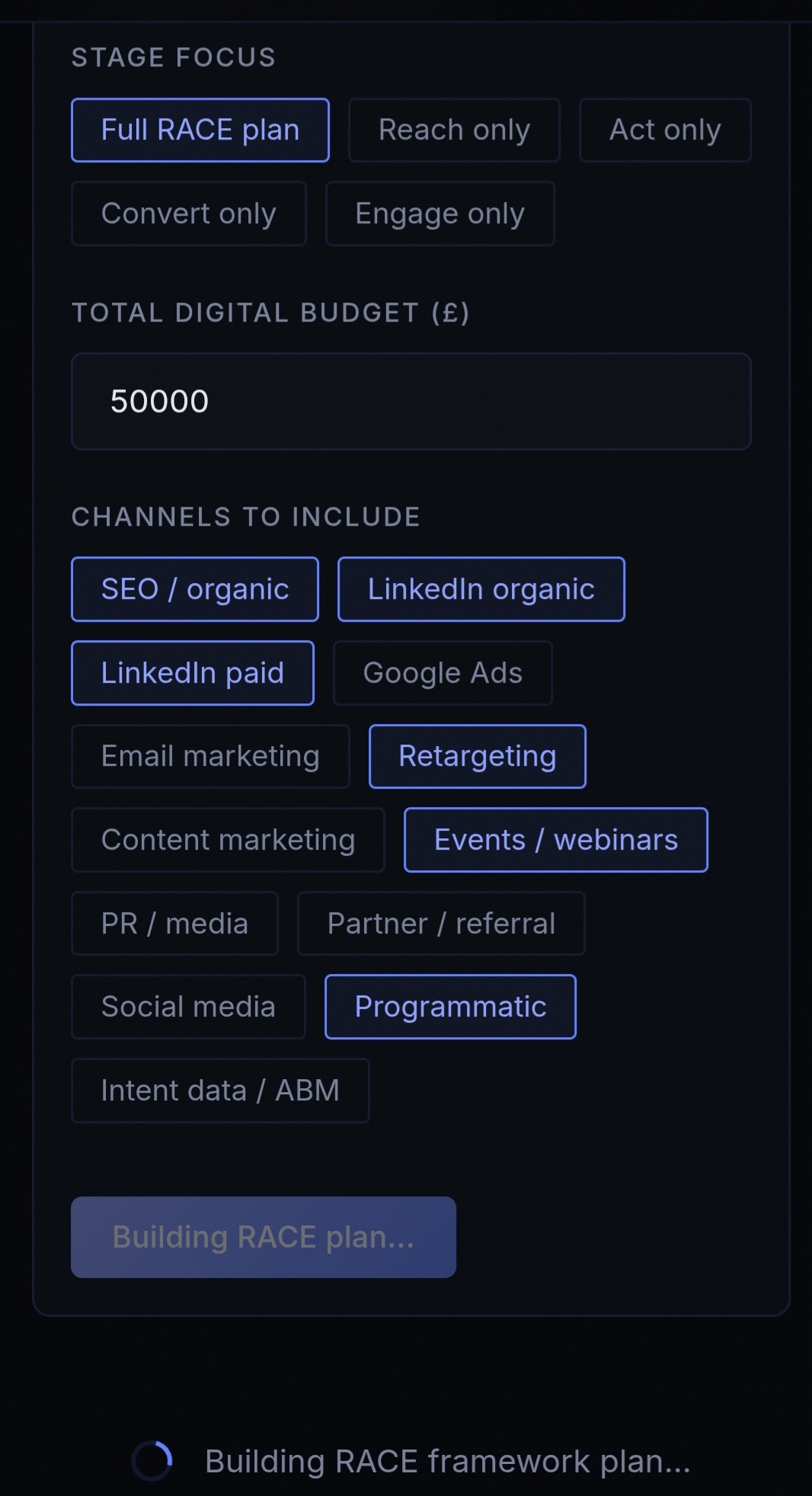 Zero6 AI agent building a B2B RACE framework demand generation plan