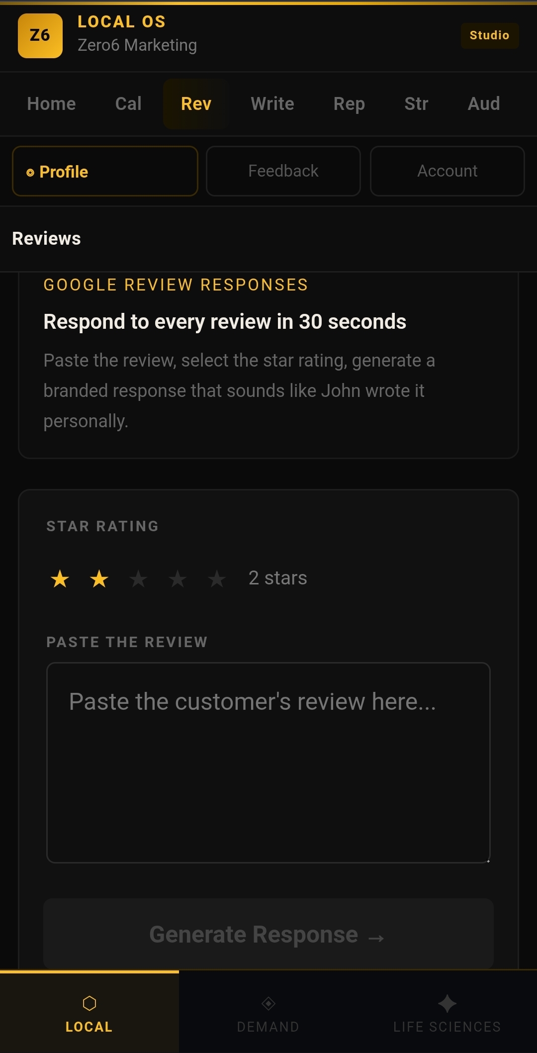 Zero6 AI agent generating a branded Google review response