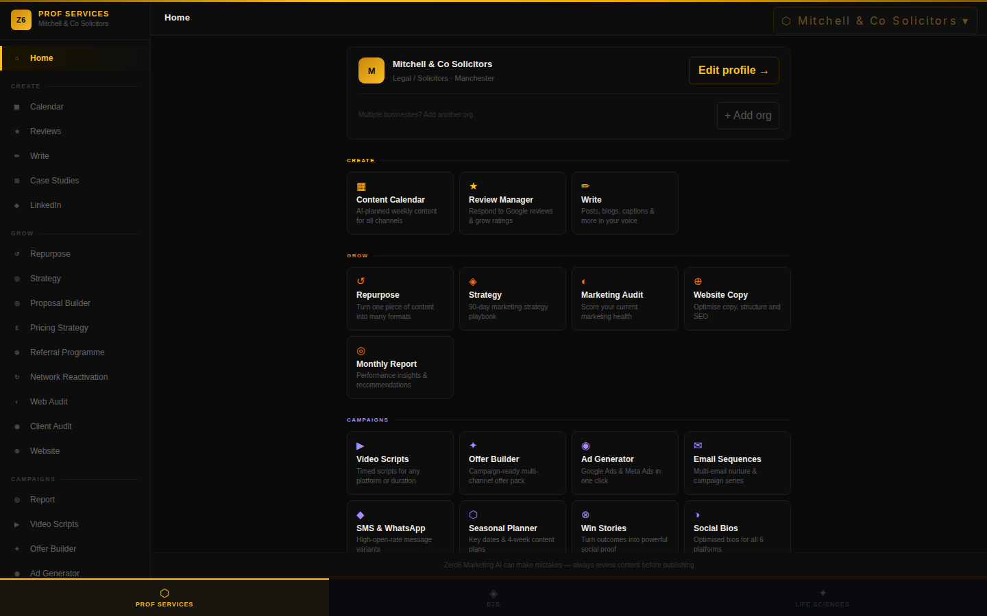 Zero6 professional services marketing platform dashboard